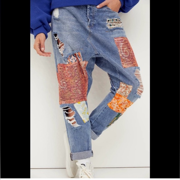 Free People We The Free Zappa Patched Harem Jeans Womens Sz 28 Button Fly - Picture 3 of 12